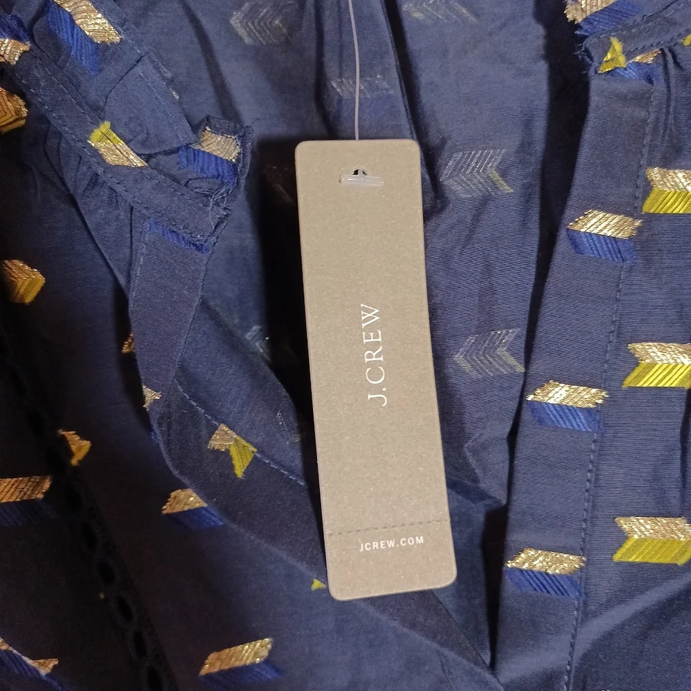 J crew Point Sur long sleeve tie neck metallic clip dot top in Navy Size XS New